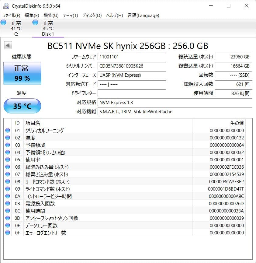 ②★中古品★SK hynix BC511 NVMe 256GB SSD