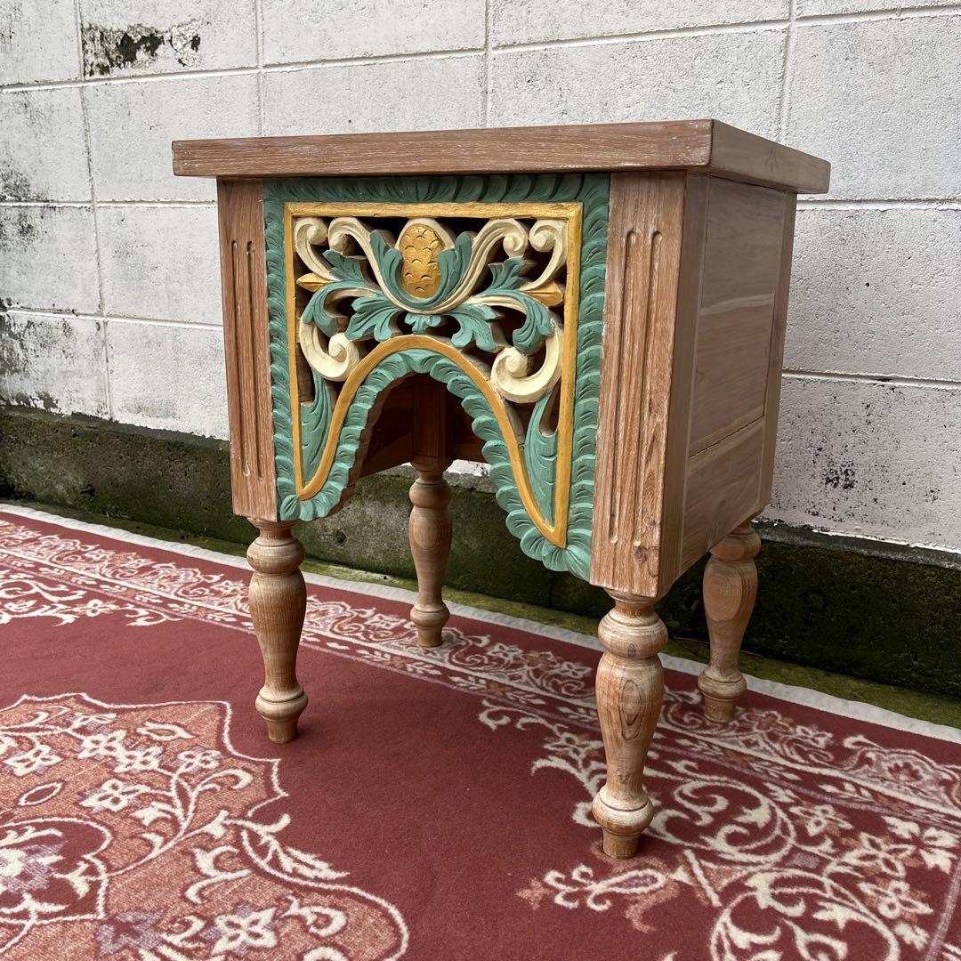 木製無垢材 チーク材◾️彫刻デザイン サイドテーブル 飾り台 ディスプレイ台 花台