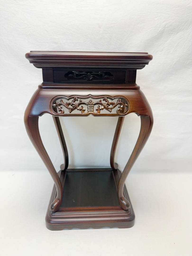 未使用 華道具 中国古美術 黒檀 唐木 透かし彫 猫足 高燭台 高卓 盆栽台紙箱