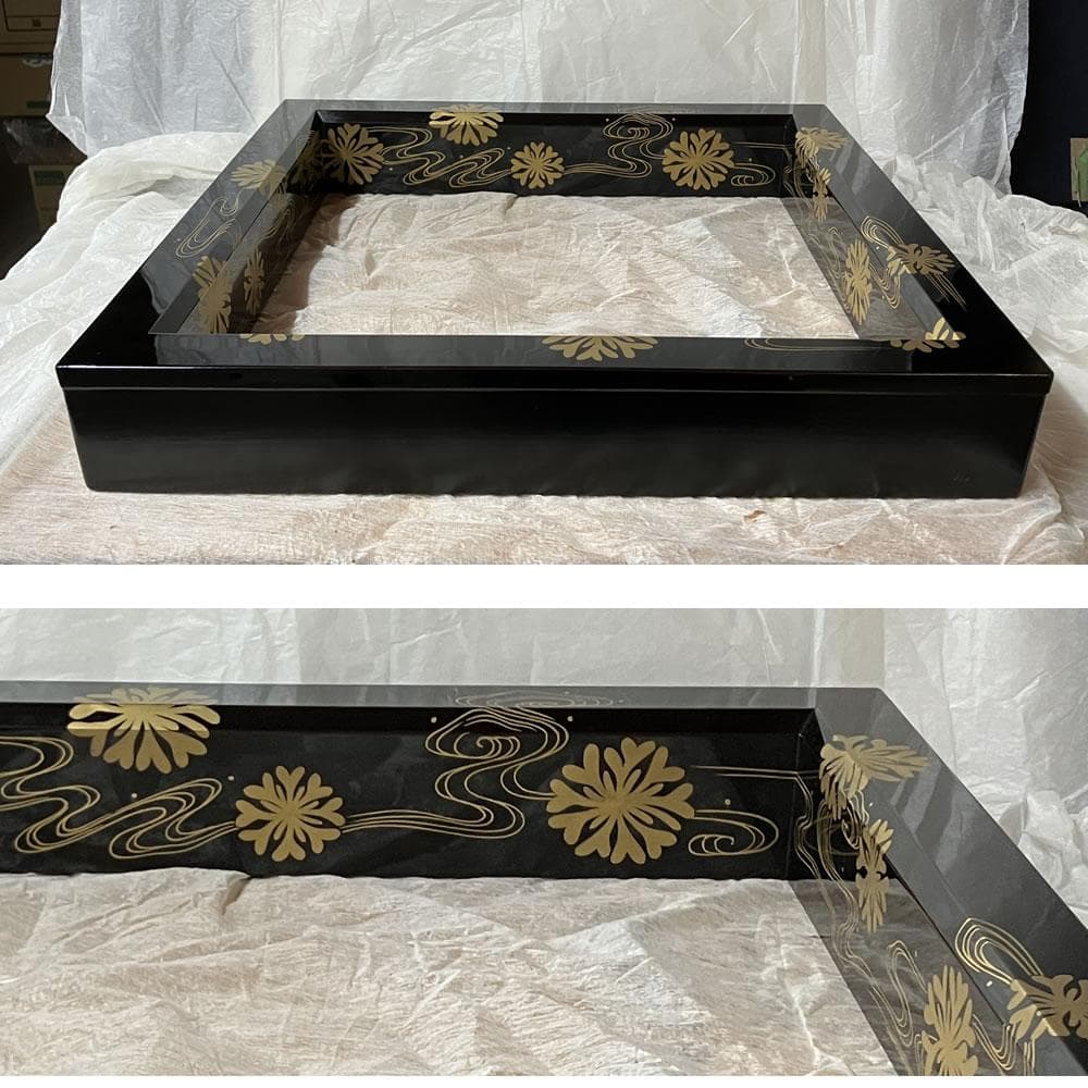 F1260 岡本陽斎 海松波蒔絵 黒塗 炉縁 共箱 茶道具