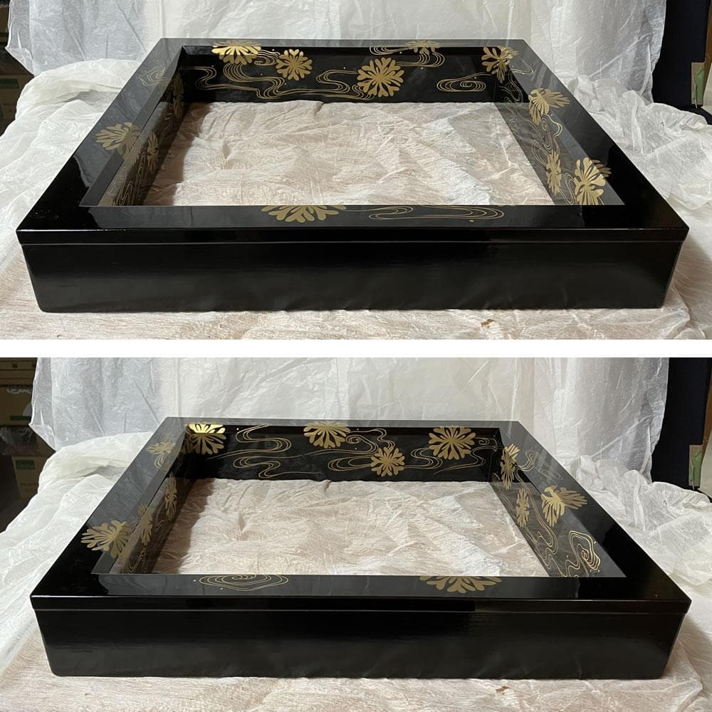 F1260 岡本陽斎 海松波蒔絵 黒塗 炉縁 共箱 茶道具