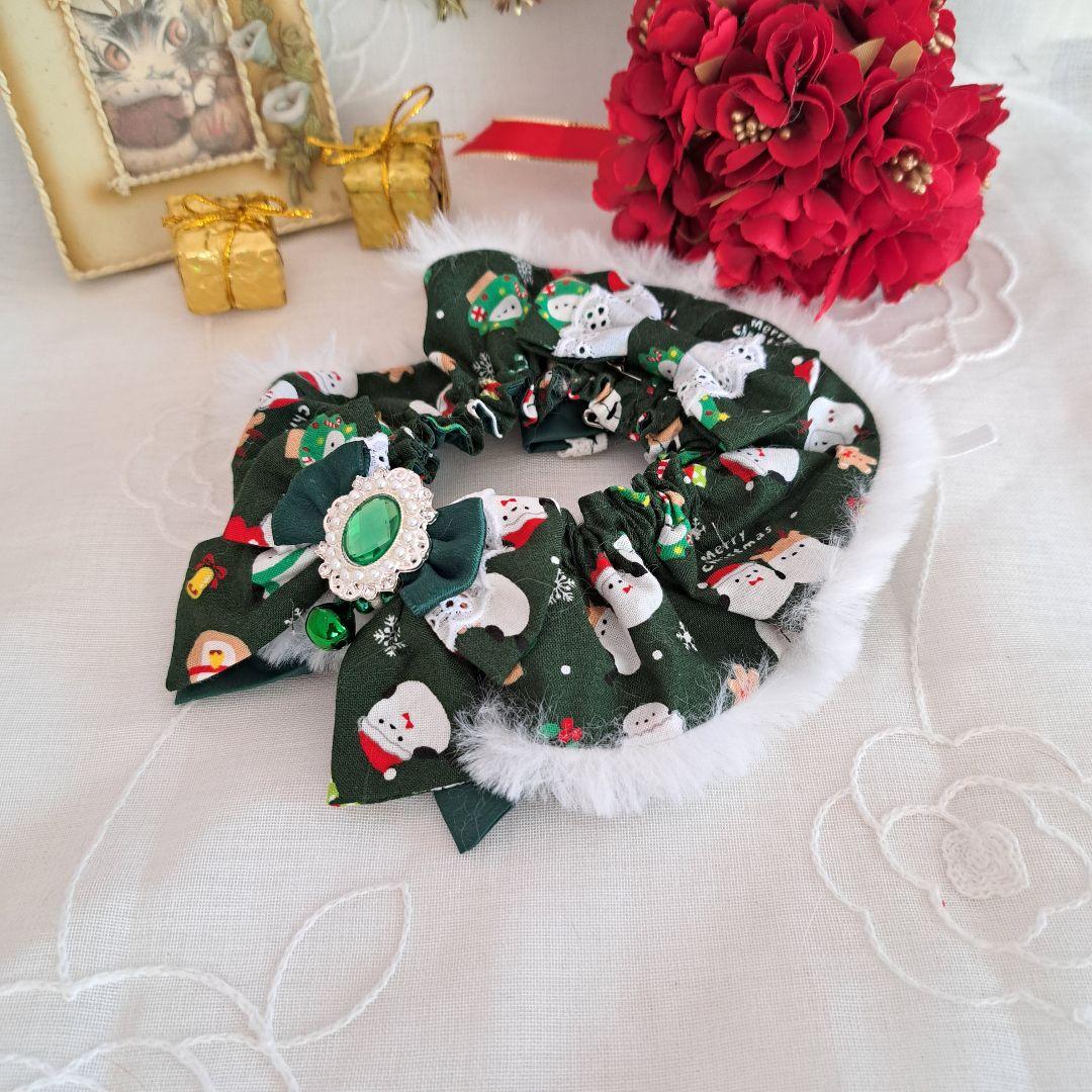 クリスマス幅広ファーシュシュ(緑シマナガエ)わんちゃん猫ちゃん用