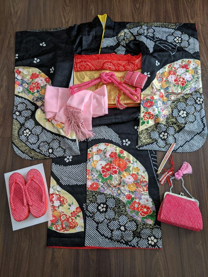 七五三　セット　着物　ハーフ成人式　黒系　豪華　絞り柄