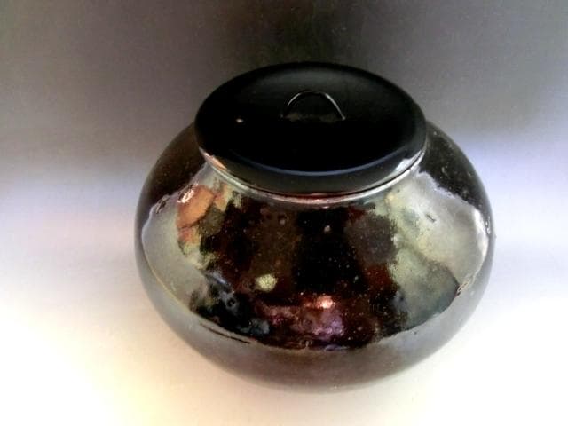 水指■黒釉時代物水指 李朝 お茶道具 種壷 漆器の蓋 塗蓋 アンティーク時代物■