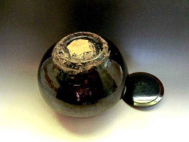 水指■黒釉時代物水指 李朝 お茶道具 種壷 漆器の蓋 塗蓋 アンティーク時代物■