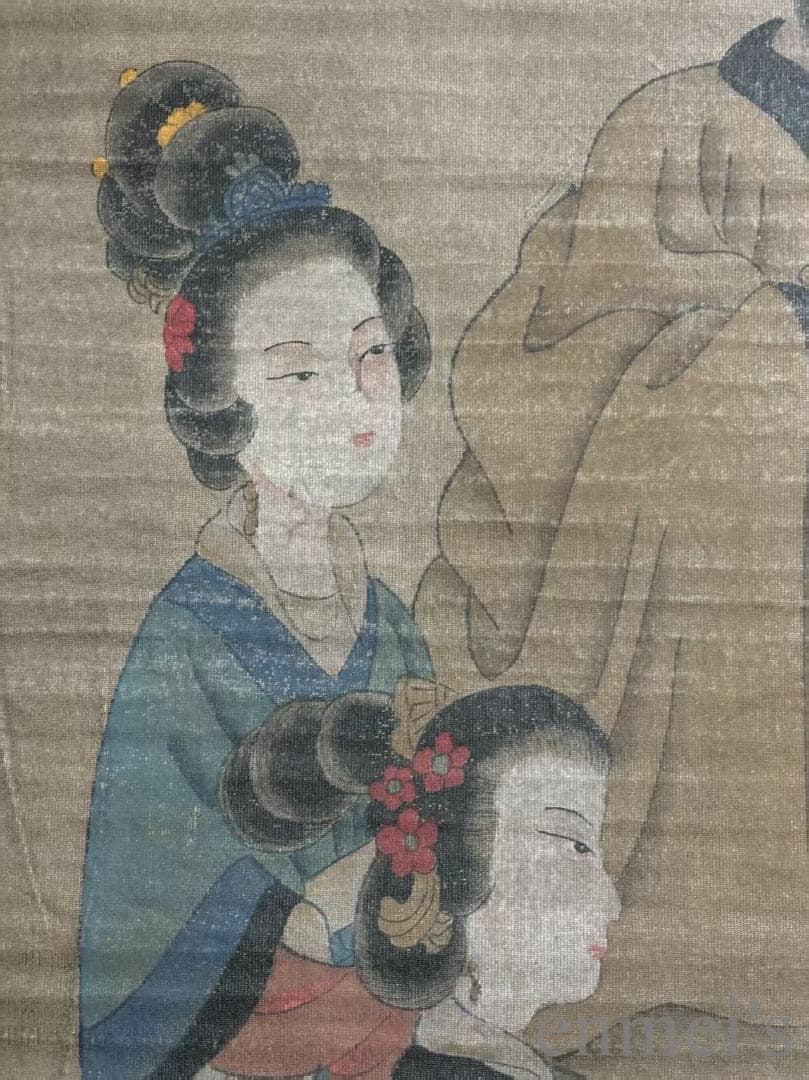 中国古美術.沈周款.人物図.絹布画.三尺手描き.肉筆.掛け軸.絵画.書道.旧蔵出