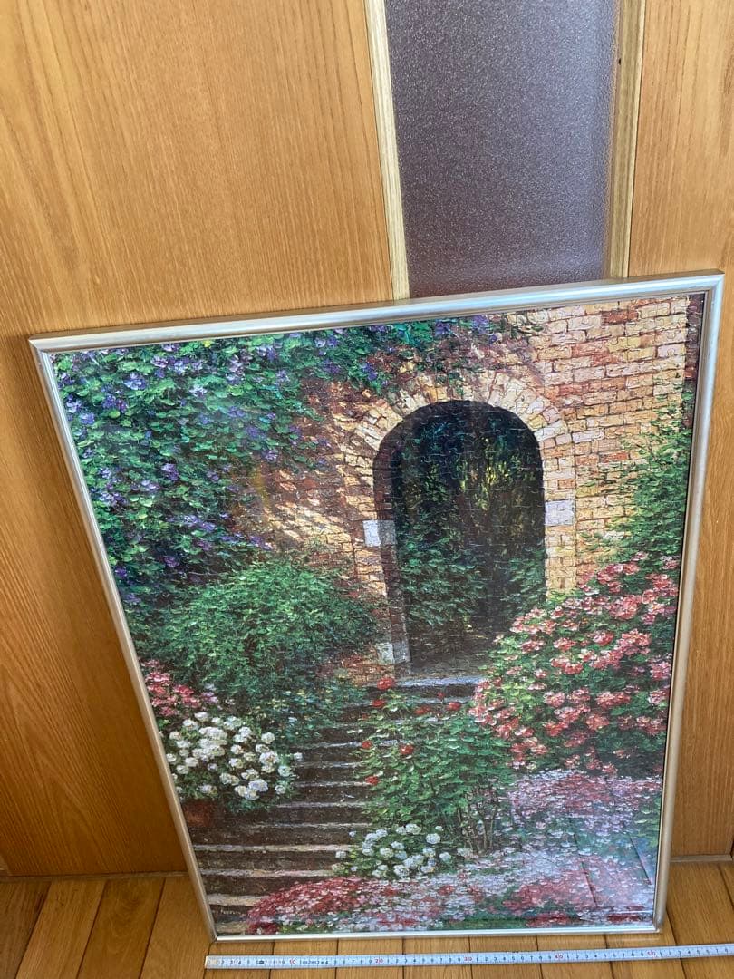 千P③花ガーデン階段口ジグソーパズル　アルミ額50×74㎝完成　油絵作名　極美品