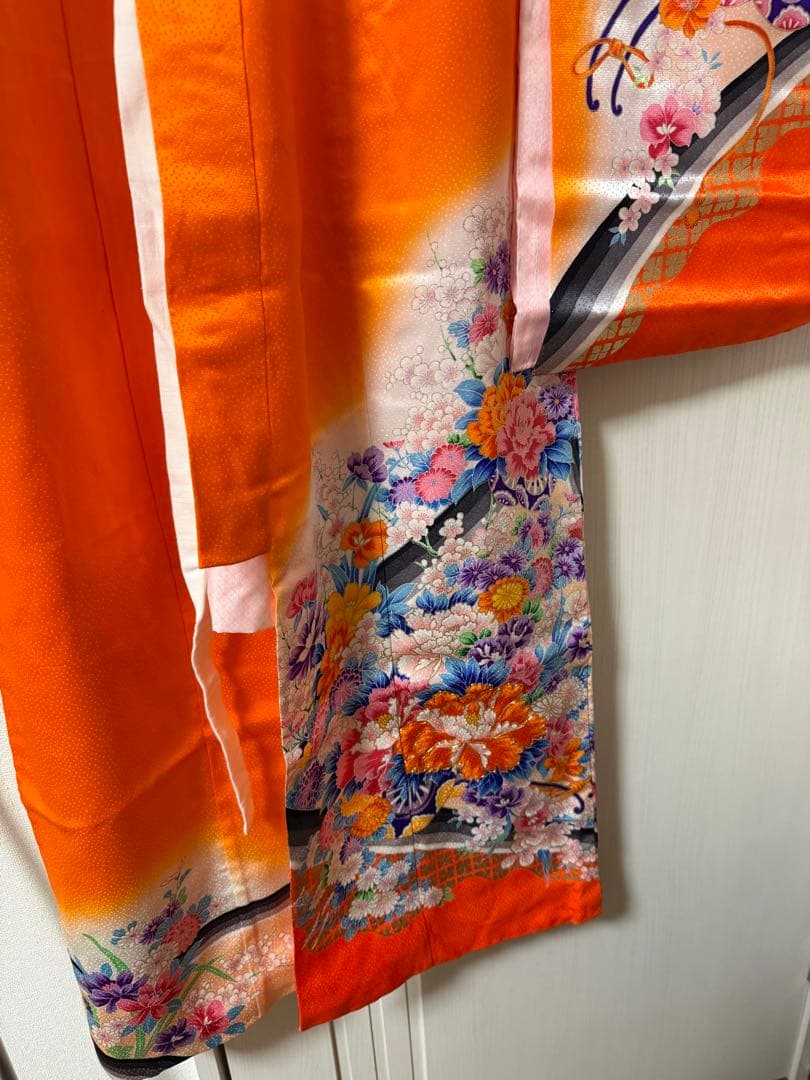 七五三 7歳 女の子 着物フルセット 橘色×花柄 刺繍半襟 長襦袢付き