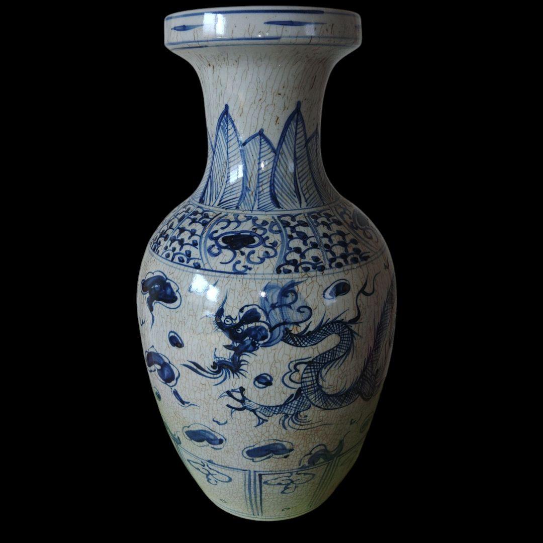 中国美術　元代　青花飛龍文染付盤口花瓶
