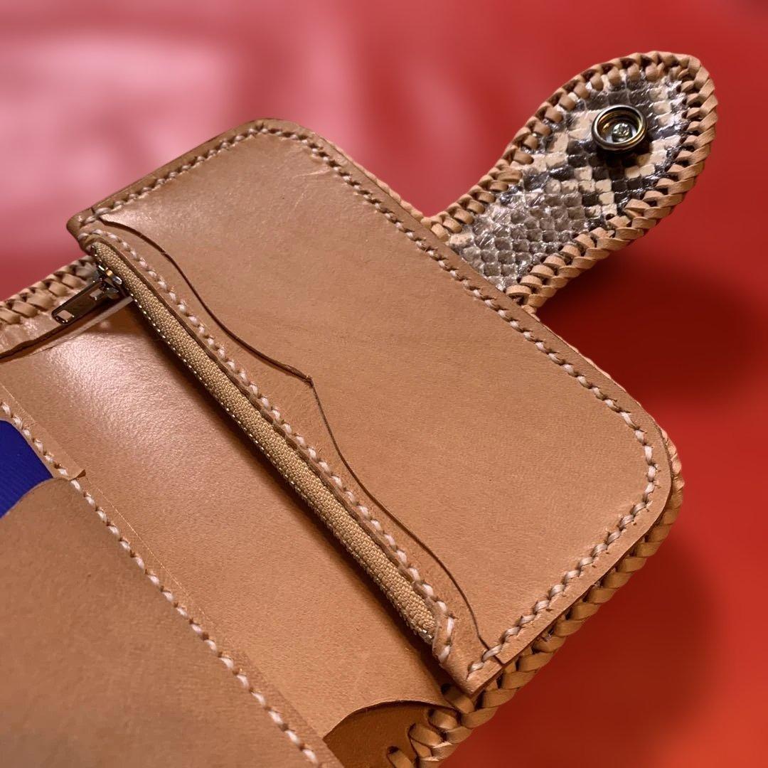ハンドメイドレザークラフトダイヤモンドパイソンミドルウォレットヌメ革牛レース編み