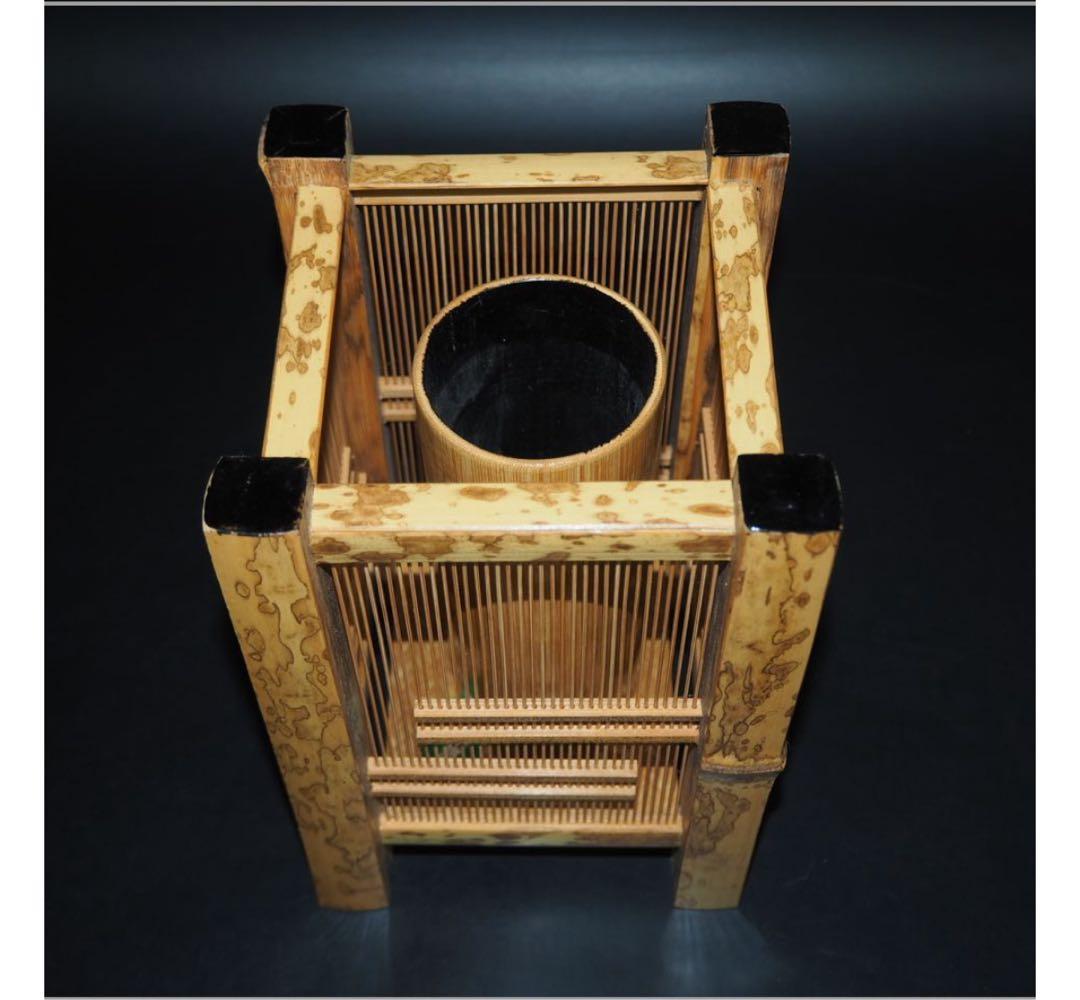 送料無料　竹細工　斑竹胡麻竹使用　四角花入れ　高24ｃｍ★希少★