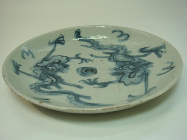 皿■古い中国染付け双龍紋中皿 砂高台 古玩 唐物 中国 古美術 時代物 骨董品■