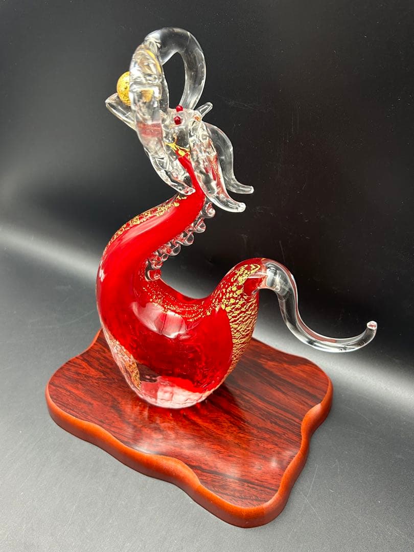 【希少】紅龍 博多びーどろ粋工房 安部朝和作 ガラス 置物 龍 干支 びーどろ