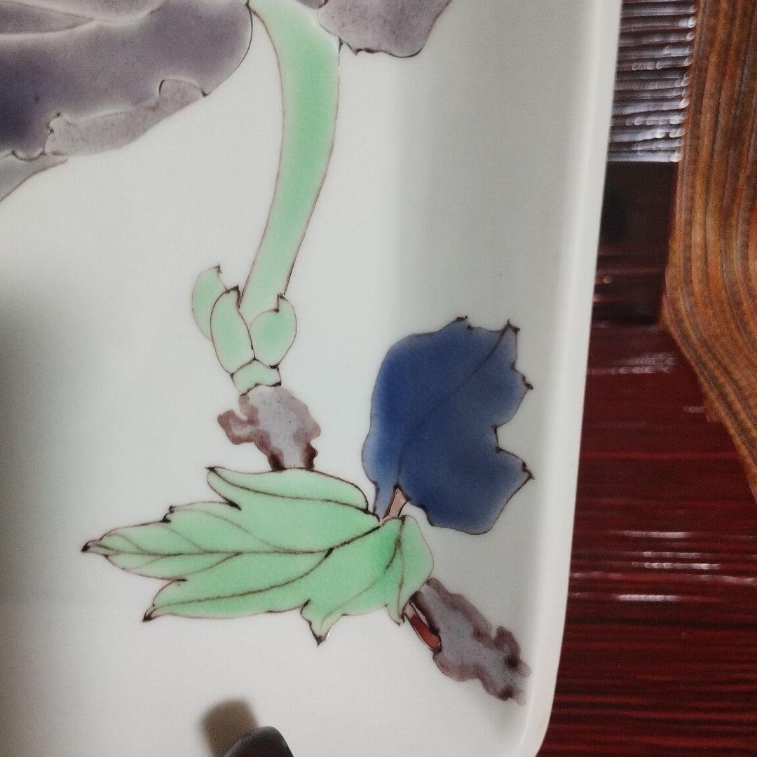 竹腰潤　九谷焼　花柄の四角い陶器皿　共箱共布