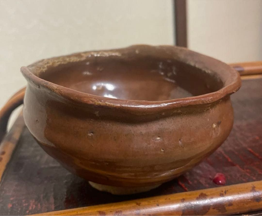 骨董品　江戸中期　瀬戸　茶碗　やぶれ　破れ　鉄釉　アンティーク　茶道具　陶芸