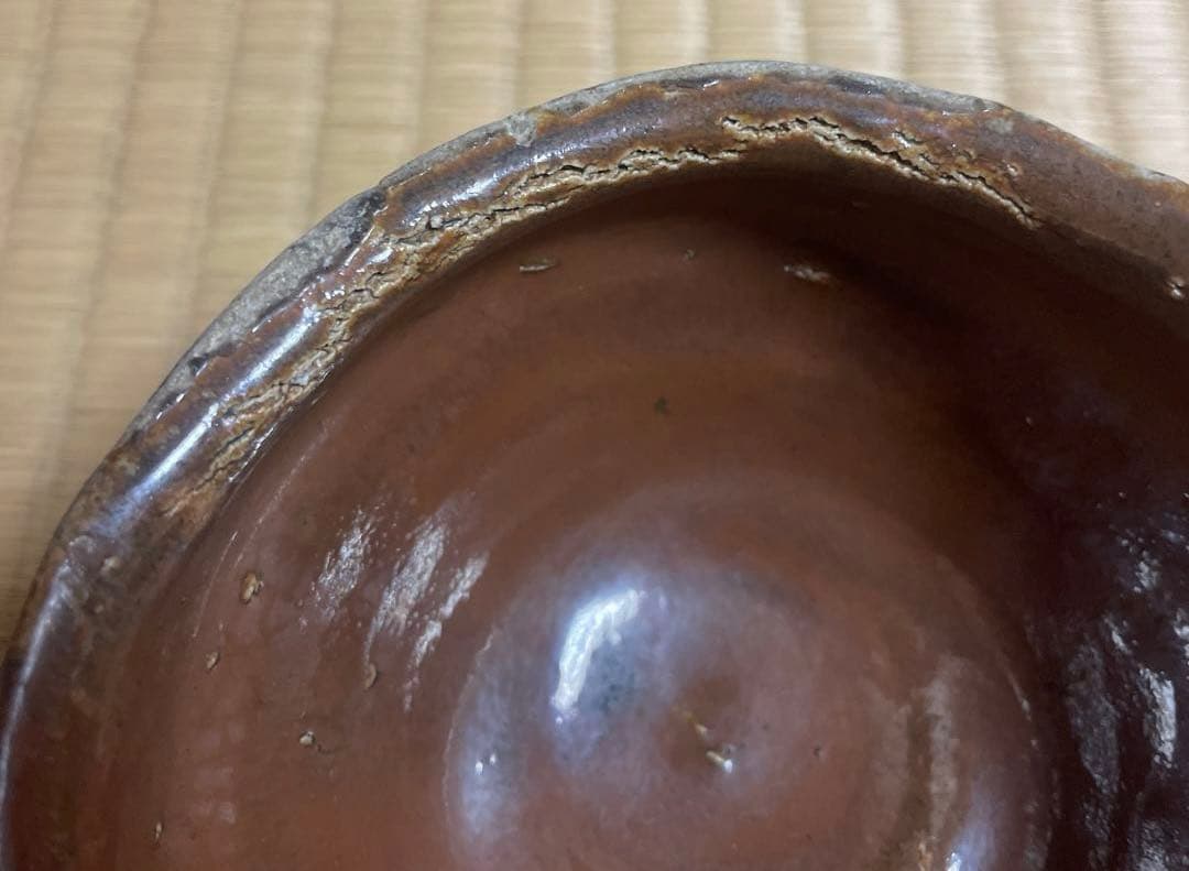 骨董品　江戸中期　瀬戸　茶碗　やぶれ　破れ　鉄釉　アンティーク　茶道具　陶芸