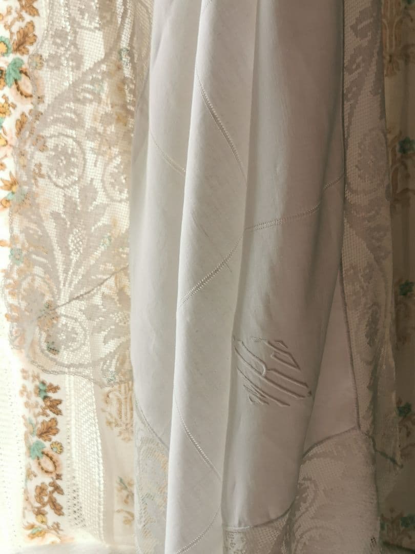 アンティーク 滑らかな細番手リネン フィレレース＆格子ドローンワーク 刺繍クロス