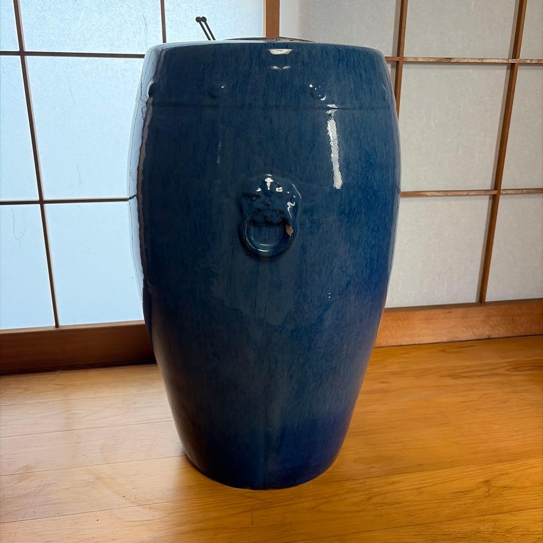 火鉢 縦長　立ち火鉢 大型火鉢　五徳、火箸付き　昭和レトロ　ブルー　青　旅館