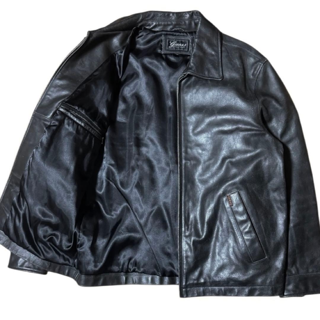 雰囲気抜群 GUESS 本革 襟付き レザージャケット ブラック Mサイズ