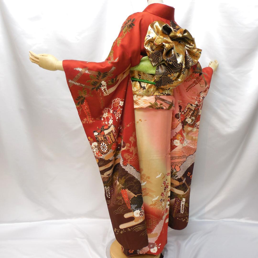 訳あり特価★振袖フルセット　正絹　成人式　振袖　7点　M～Ｌサイズ　赤　古典柄