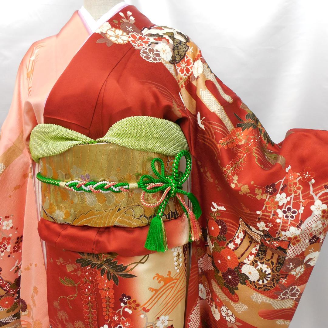 訳あり特価★振袖フルセット　正絹　成人式　振袖　7点　M～Ｌサイズ　赤　古典柄