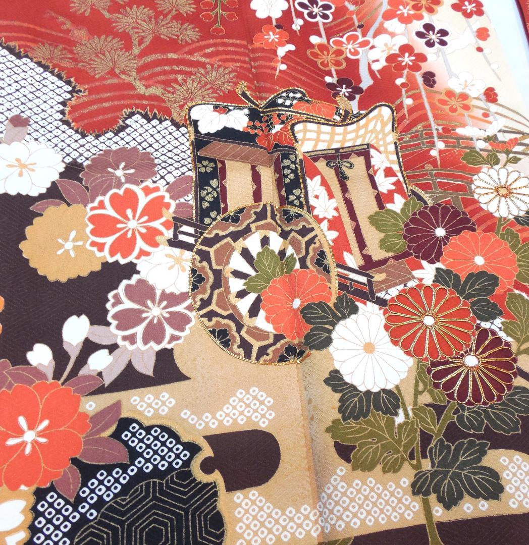 訳あり特価★振袖フルセット　正絹　成人式　振袖　7点　M～Ｌサイズ　赤　古典柄