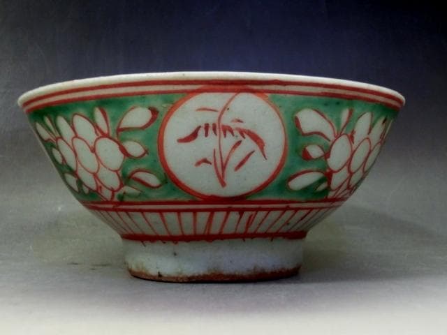 茶碗■赤絵 3点 丸窓唐草紋 お茶道具 ぐい呑み 古玩 唐物 時代物 骨董品■