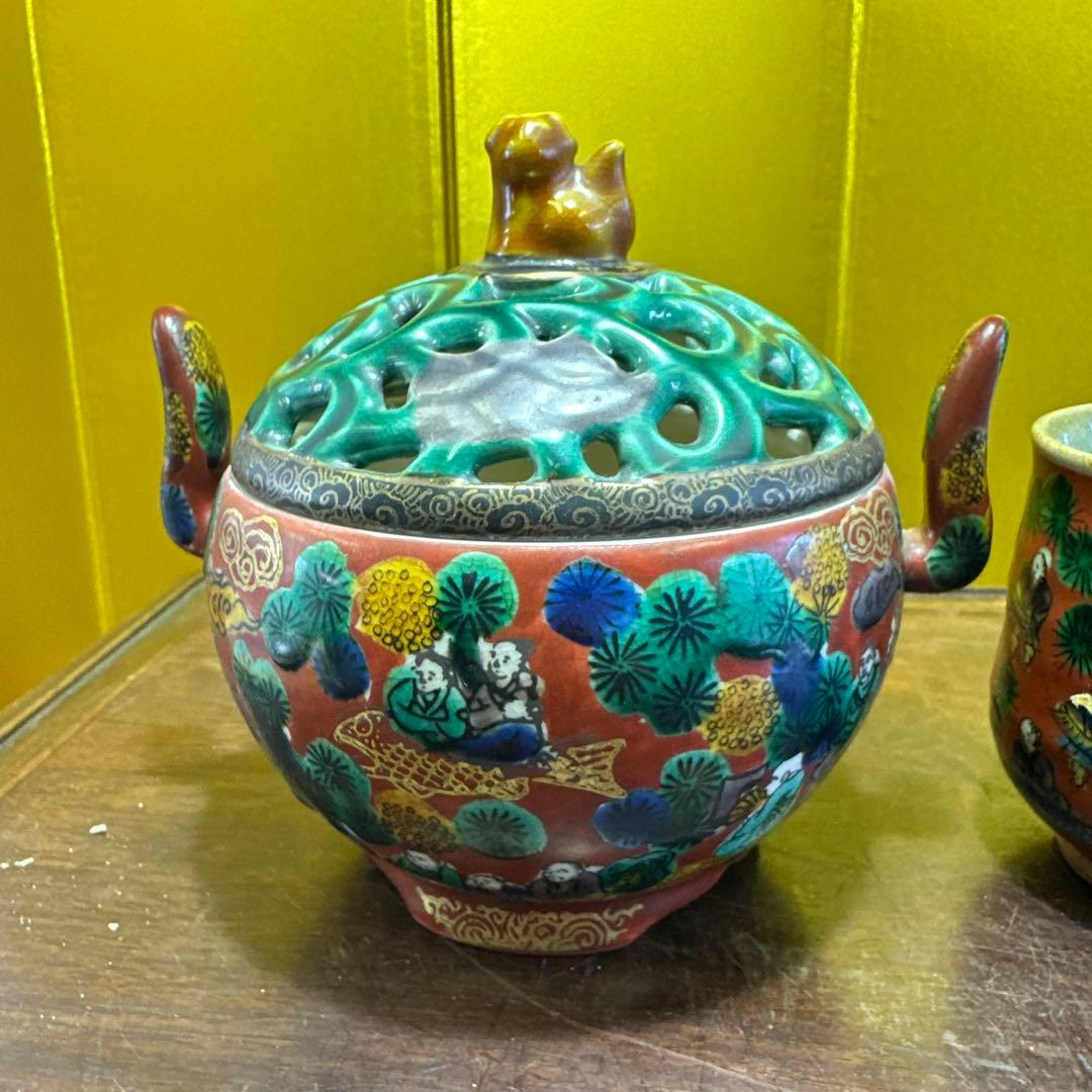香炉，湯呑み，九谷焼，九谷木米，3点