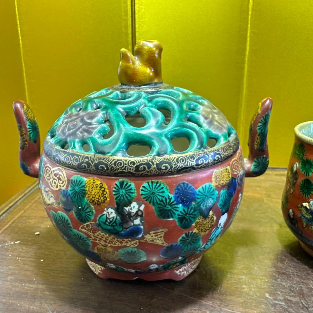 香炉，湯呑み，九谷焼，九谷木米，3点