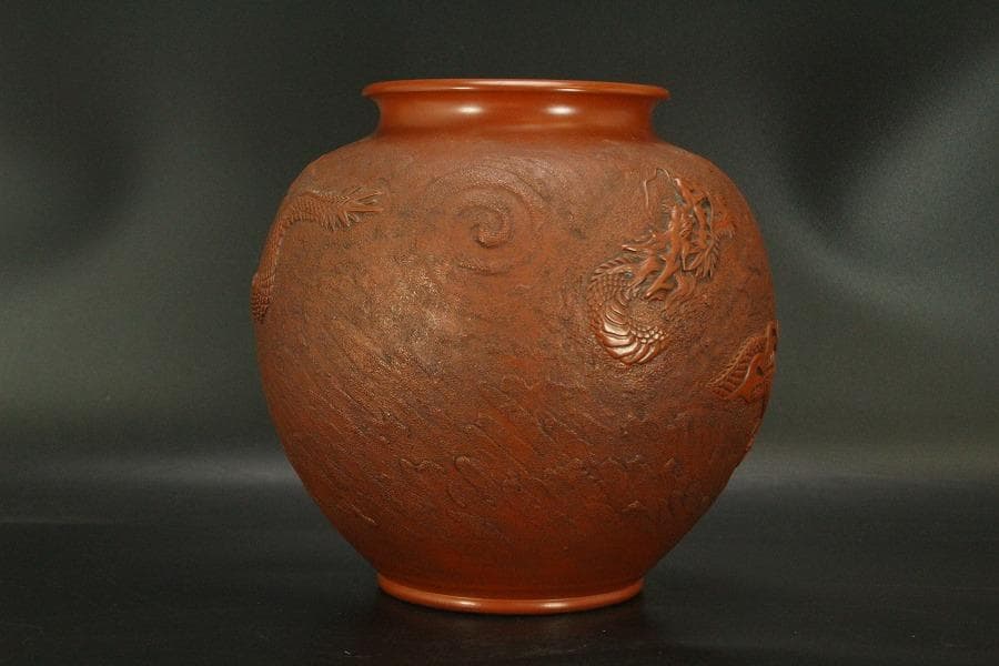 古美術 朱泥 雲龍紋 丸壷 在印 美品(BB507)