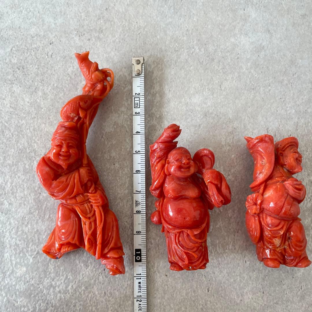 【希少】天然桃珊瑚の彫刻置物 七福神 3体セット