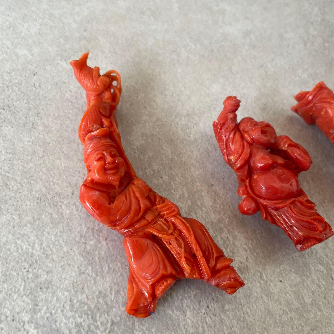 【希少】天然桃珊瑚の彫刻置物 七福神 3体セット