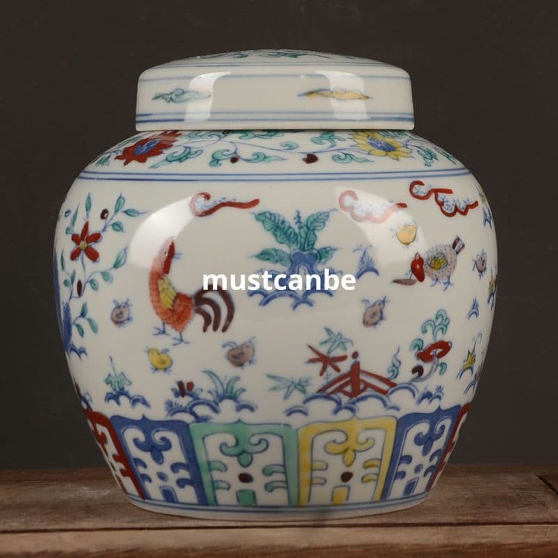明成化手画斗彩鶏紋天字 缶茶壺 景徳鎮 陶磁器 装飾品 現代工芸品 美術品 置物