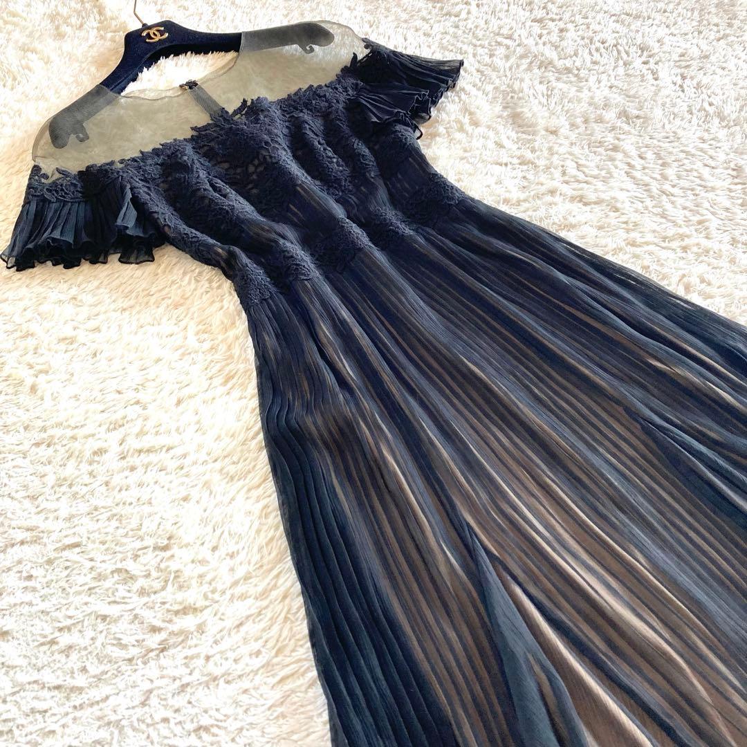 タダシショージ フラワー刺繍 シフォンプリーツワンピース カクテルドレス 黒