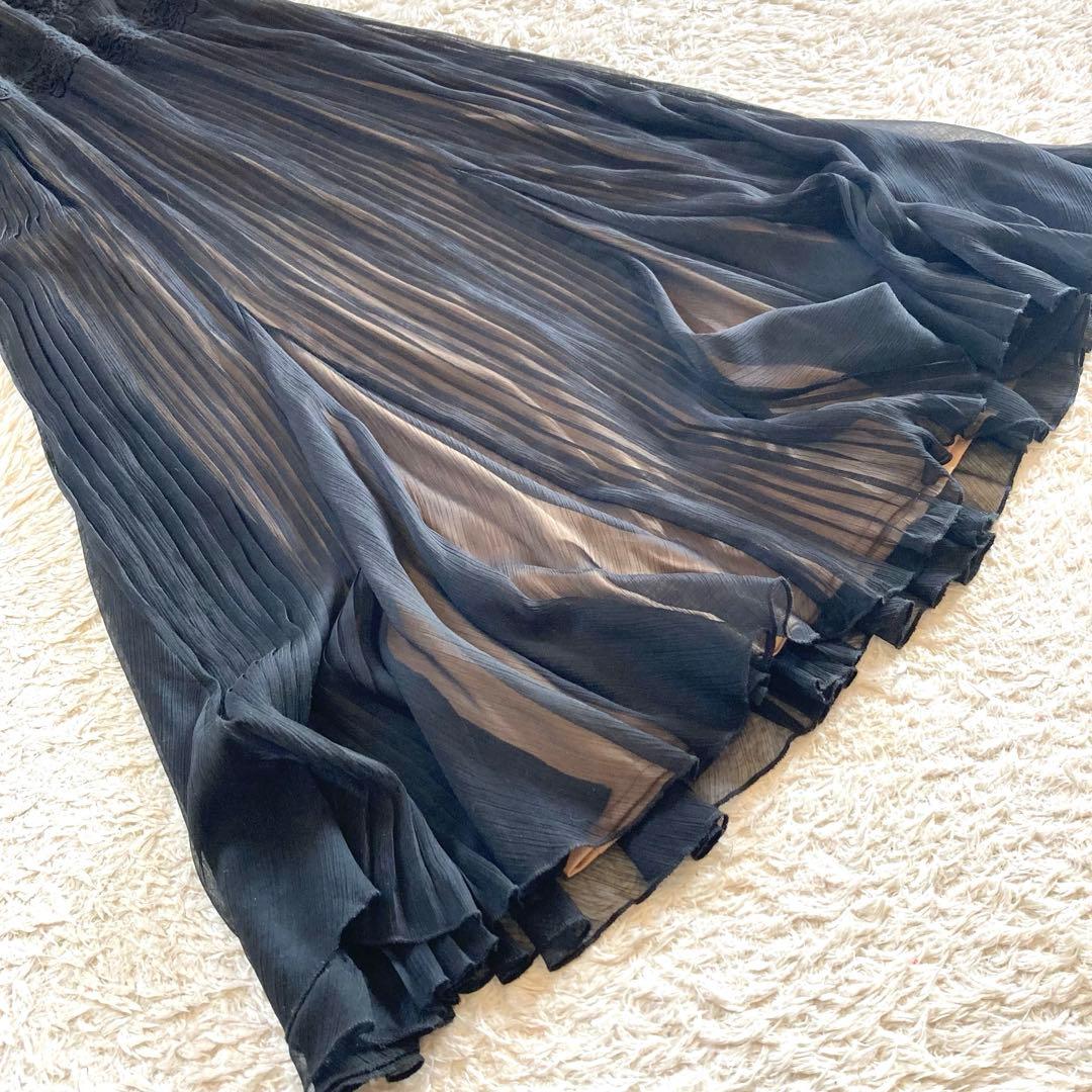 タダシショージ フラワー刺繍 シフォンプリーツワンピース カクテルドレス 黒