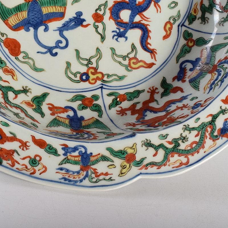 中国　大明萬暦年製　五彩龍鳳凰文　輪花鉢　大皿　直径約40㎝　V　R7860C