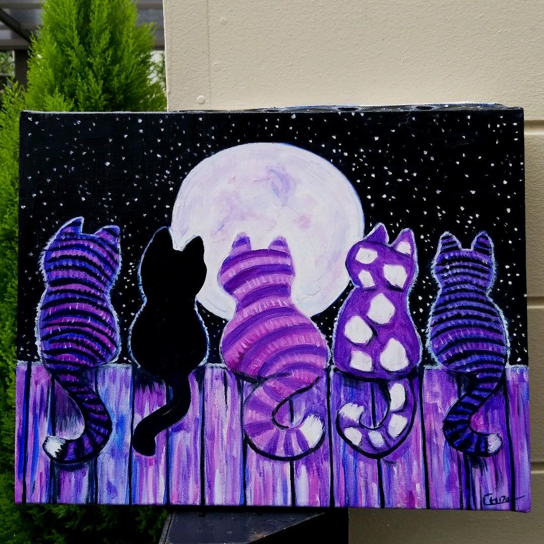 油絵　専用　五つ子の猫のお月見