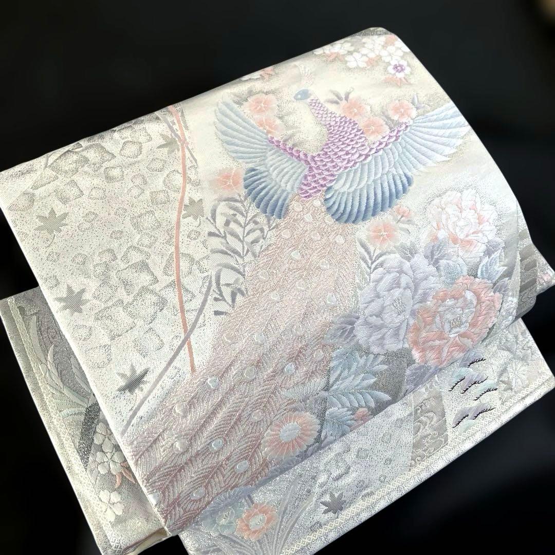 袋帯　ワンタッチ作り帯　マジックテープ【熨斗花鳥文】二重太鼓　付け帯　正絹　刺繍