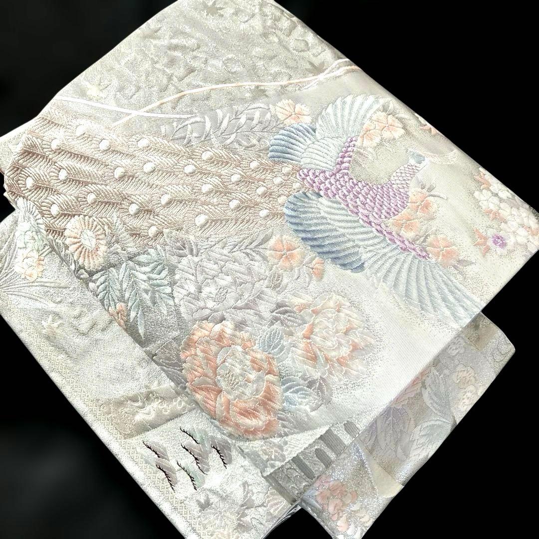 袋帯　ワンタッチ作り帯　マジックテープ【熨斗花鳥文】二重太鼓　付け帯　正絹　刺繍