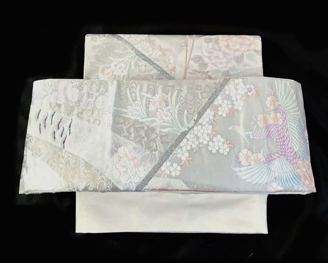 袋帯　ワンタッチ作り帯　マジックテープ【熨斗花鳥文】二重太鼓　付け帯　正絹　刺繍