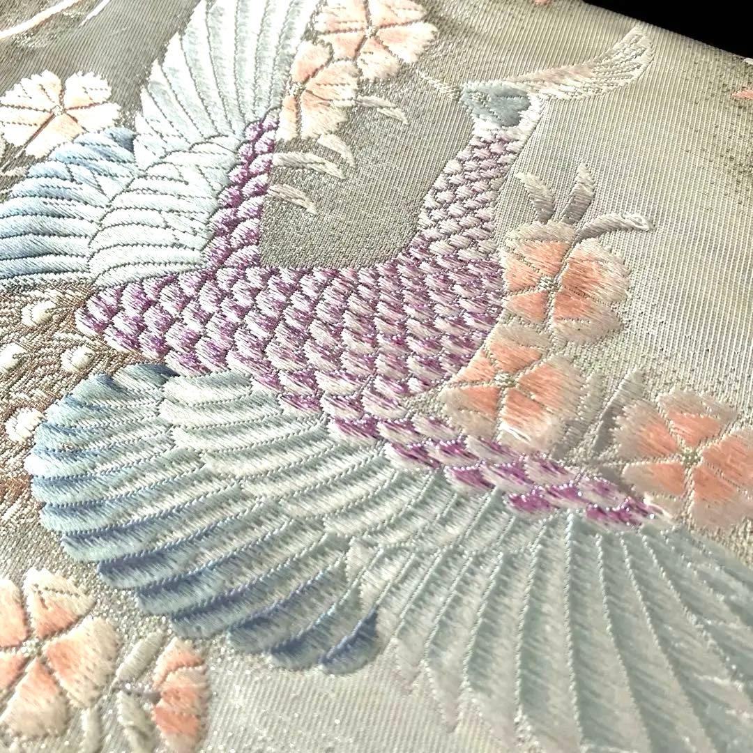 袋帯　ワンタッチ作り帯　マジックテープ【熨斗花鳥文】二重太鼓　付け帯　正絹　刺繍