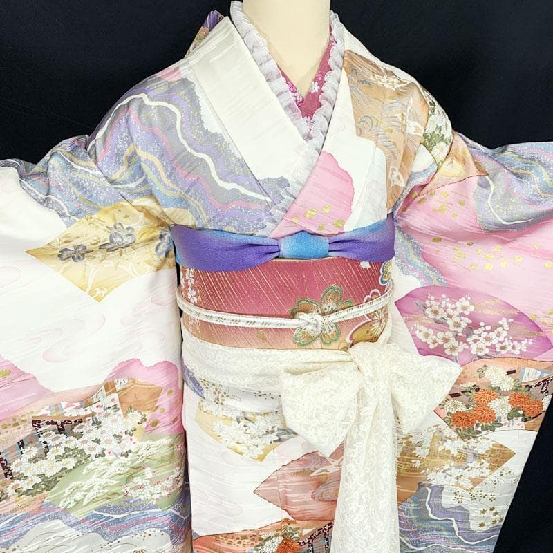 509z26.507y10.帯締め帯揚げ☆ゆめかわ！振袖 古典柄 金駒刺繍 金彩