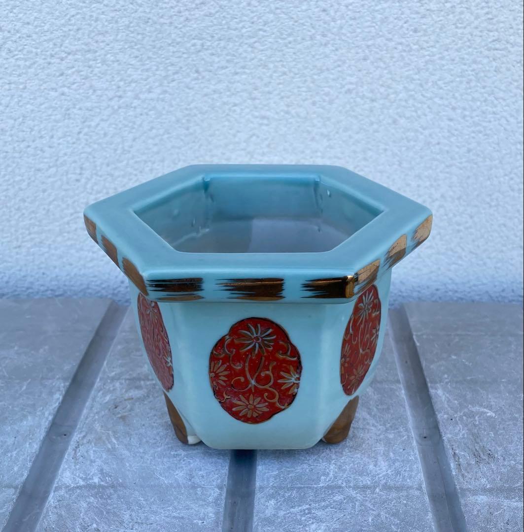 尾張焼 瀬戸焼 青磁 金彩 六角 盆栽鉢 盆栽 植木鉢