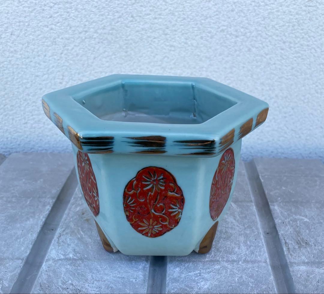 尾張焼 瀬戸焼 青磁 金彩 六角 盆栽鉢 盆栽 植木鉢