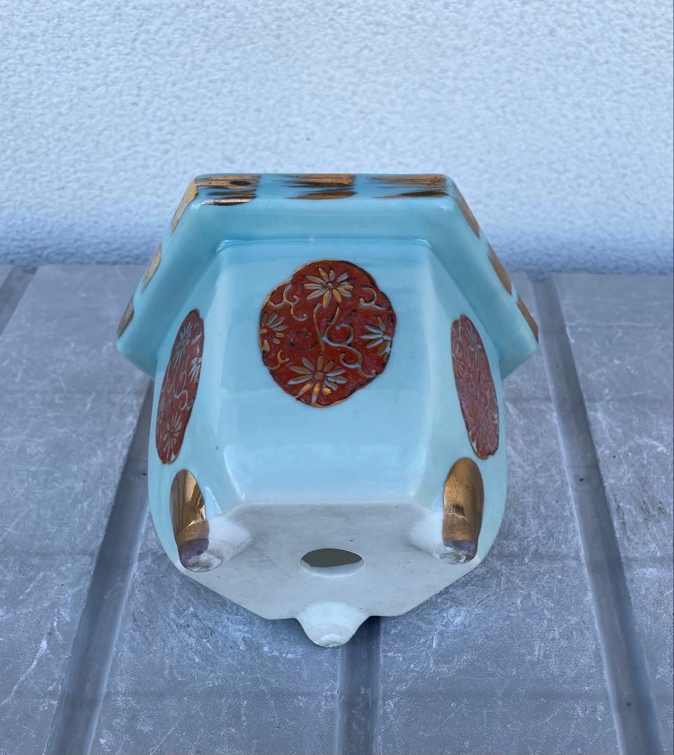 尾張焼 瀬戸焼 青磁 金彩 六角 盆栽鉢 盆栽 植木鉢