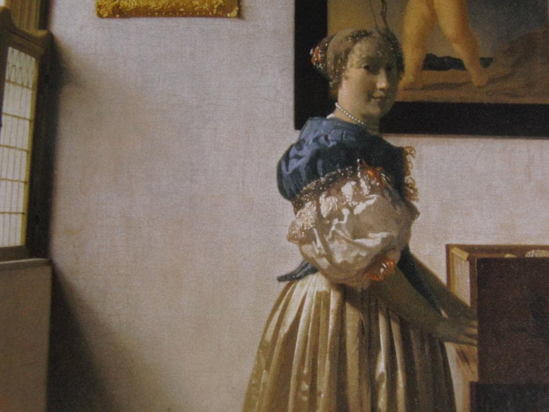 ヨハネス・フェルメール、「ヴァージナルの前に立つ女」、希少な画集の額装画