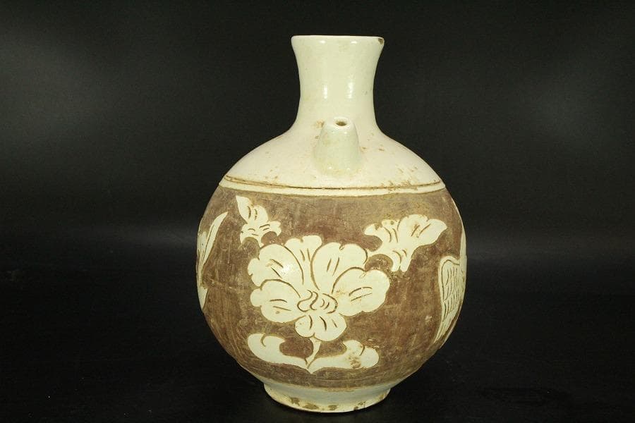 中国美術 磁州窯 十世紀後半 白磁掻落鳳紋水注 瓶 高23cm (LC248)