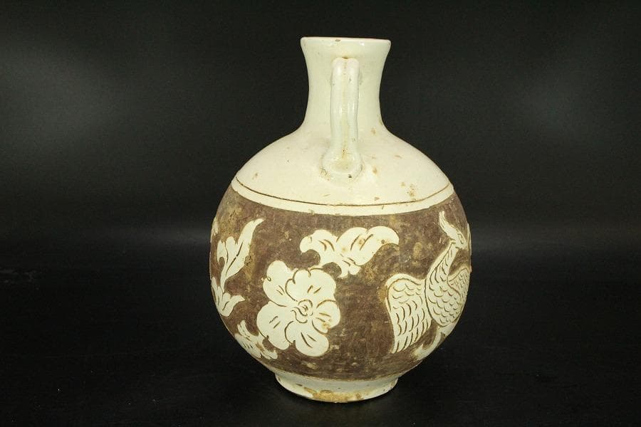 中国美術 磁州窯 十世紀後半 白磁掻落鳳紋水注 瓶 高23cm (LC248)