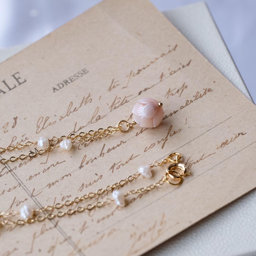 14kgf白蝶真珠蓮カービングネックレス