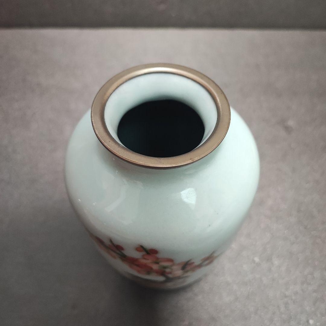 時代 戦前七宝 七宝焼 竹梅鶯図花瓶 花入 花生 花器 金属工芸 美品